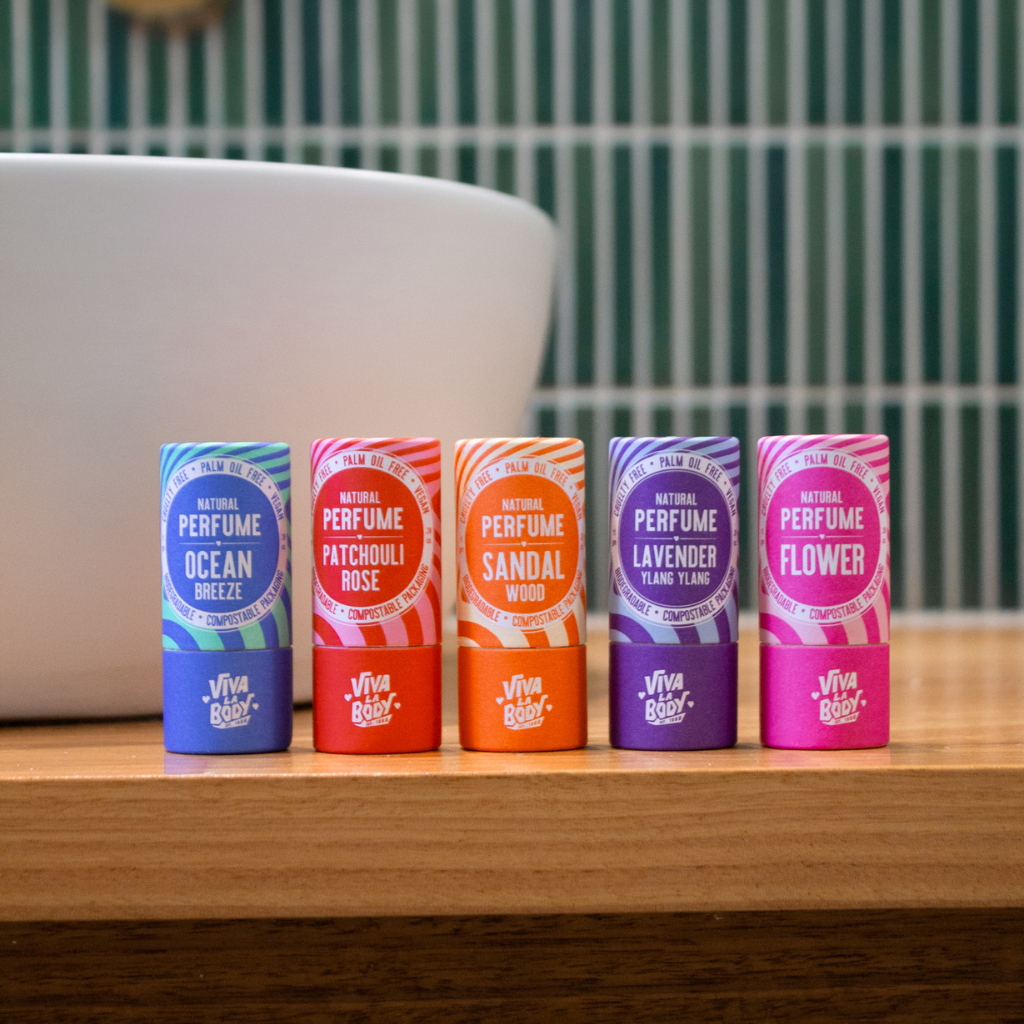 5 solid viva la body perfumes on a bathroom table